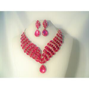 Pink rhinestone necklace set, prom party drag queen wedding bridal MOB necklace